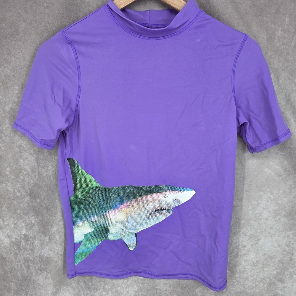 Lands End Rash Guard UV Boys M 10-12 Purple Mock Neck Short Sleeve Swim Shirt